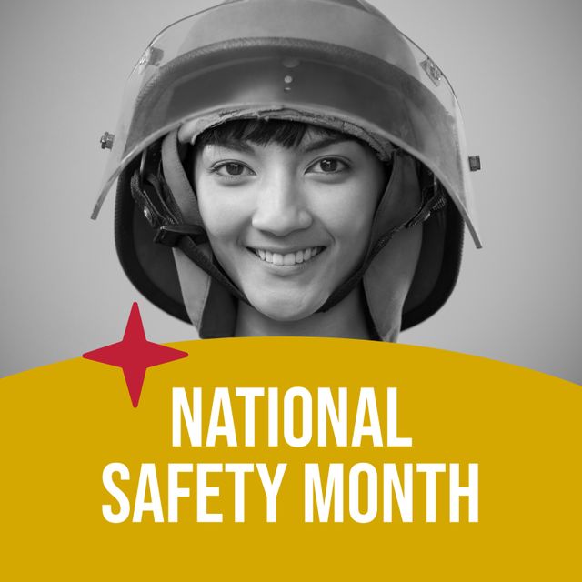 This poster promoting National Safety Month features a female firefighter wearing a safety helmet. The image captures the importance of safety standards in different professions. It can be used to raise awareness about safety measures, employee training programs, fire safety protocols, and public safety campaigns. This visual is suitable for governmental agencies, safety organizations, and workplaces aiming to promote a culture of safety.