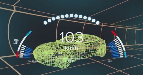 Futuristic Wireframe Car with Digital HUD Display