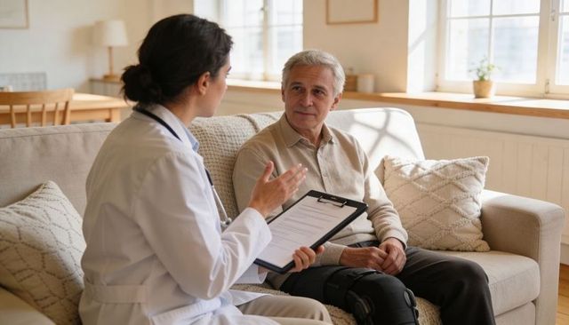 Female clinician consulting senior man during homecare visit with knee brace and clipboard