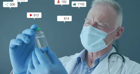 Doctor in Lab Coat Examining Vaccine Vial with Interactive Social Media Stats