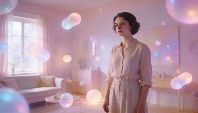 Woman standing in pastel living room surrounded by floating glowing orbs and soft light