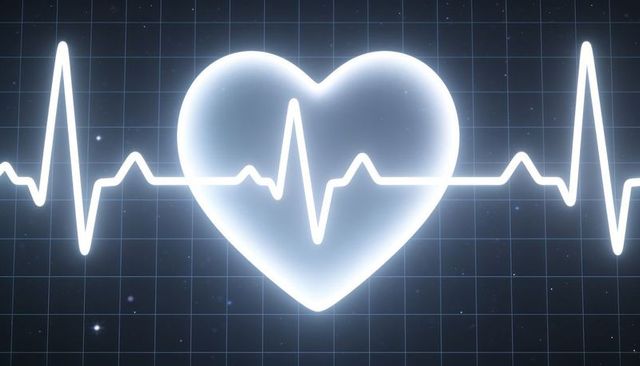 Glowing heart with neon ecg waveform on digital grid background for medical tech