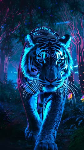 Neon Tiger Walking Through Bioluminescent Forest With Glowing Bird | Vertical Video