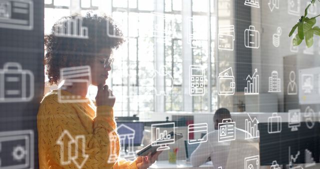 Businesswoman Analyzing Data on Tablet with Digital Icons Overlay - Download Free Stock Images Pikwizard.com