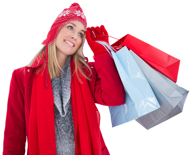 Blonde Woman Dressed in Warm Winter Clothes Holding Shopping Bags Against Transparent Background - Download Free Stock Videos Pikwizard.com