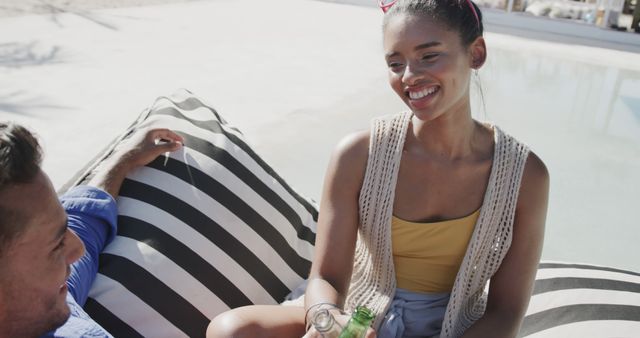 Couple Relaxing Outdoors on Sunny Day Having Refreshing Drinks - Download Free Stock Images Pikwizard.com