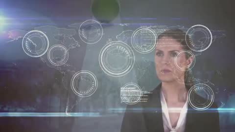Businesswoman Engaging with Futuristic Digital World Map Interface