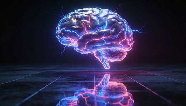 Floating neon brain emitting electric arcs over reflective grid floor, ai neural concept