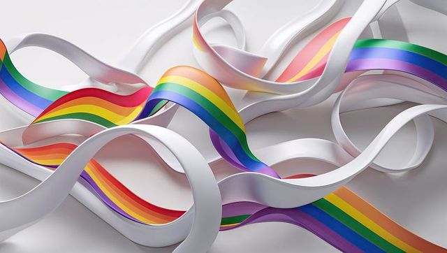 Flowing rainbow and white ribbons in abstract motion
