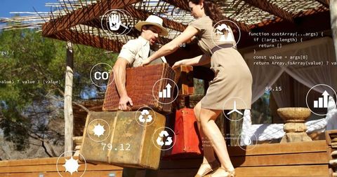Couple enjoying outdoor adventure with vintage suitcases at sunny resort