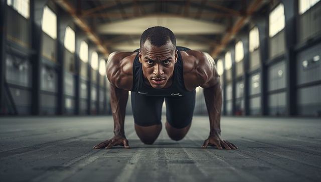 Focused black athlete performing push-ups on textured floor industrial hangar for strength