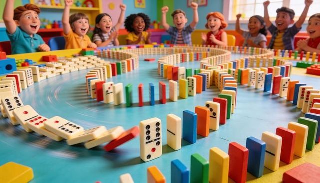 Children Cheering Joyfully Around Long Domino Spiral Toppling Across Colorful Classroom Table
