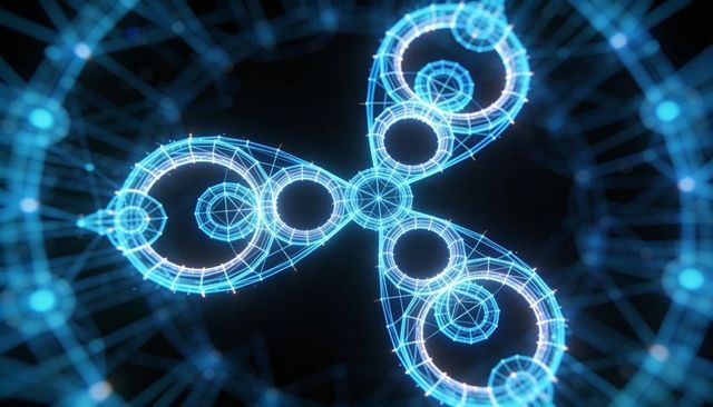 Pulsing Neon Trefoil Wireframe Rotating in Virtual Cyberspace with Central Hub