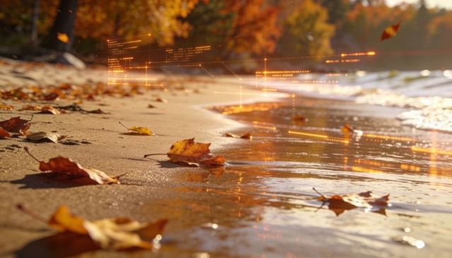Autumn leaves on shore with orange hud data overlay during golden hour nature tech concept