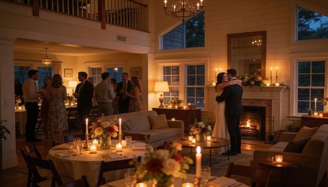 Intimate candlelit wedding reception couple embracing by fireplace in cozy rustic home