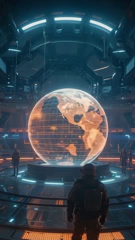 Astronaut Entering Futuristic Command Chamber Stepping onto Platform Inspecting Holographic Globe
