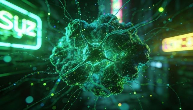 Bioluminescent neural network core pulsing with glowing tendrils in cyberpunk neon city