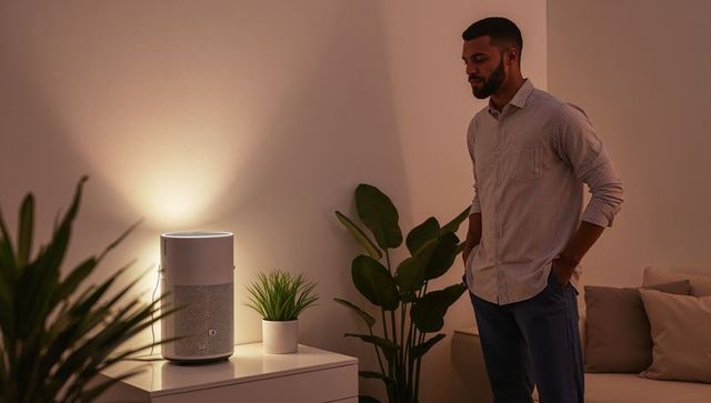 Standing man watching smart speaker glowing in minimalist living room with indoor plants
