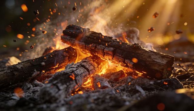 Crackling campfire with glowing embers, flying sparks and charred logs at golden hour