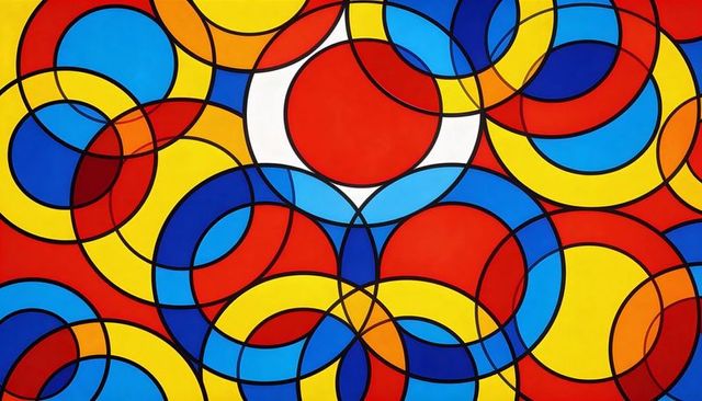Overlapping primary circles with black outlines, stained-glass style geometric abstract
