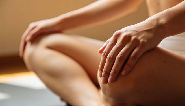 Sitting woman resting hands on knees during yoga practice closeup warm natural light