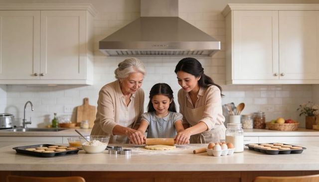 Three generations baking together rolling dough and cutting cookies at kitchen island