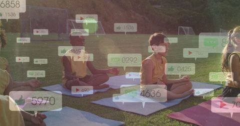 Children meditating outdoors with social media engagement overlays