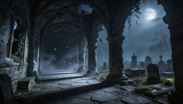 Moonlit ruined stone arcade stretching along foggy graveyard with moss-covered columns