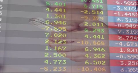 Hands holding smartphone against digital stock market data interface