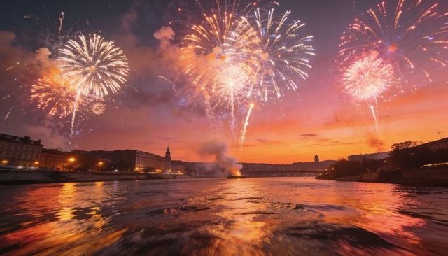 Fireworks bursting over sunset riverfront reflecting vibrant colors on water wake skyline