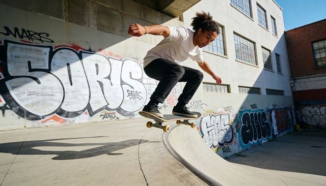 Skater launching over quarterpipe, soaring above ramp with urban graffiti backdrop