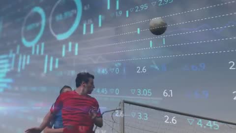 Soccer Players Analyzing Incoming Ball with Financial Data Overlay