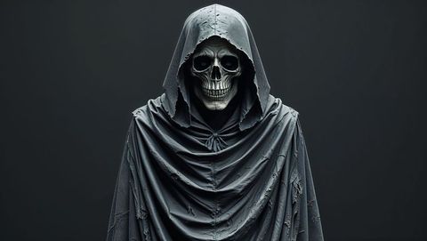 Hooded grim reaper with skulled face in tattered cloak