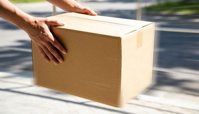 Hands Steadying Sealed Cardboard Box on Sunlit Sidewalk Conveying Fast Delivery Movement