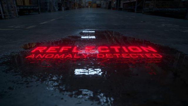 Red neon reflection anomaly detected reflected in puddle on industrial warehouse floor