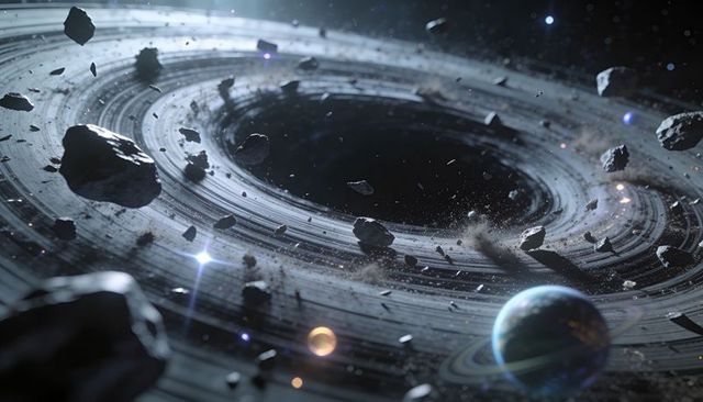 Swirling singularity carving cosmic rings, scattering asteroids around ringed exoplanet