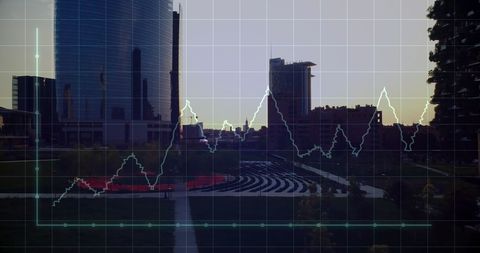 Cityscape merged with financial graphs at sunset