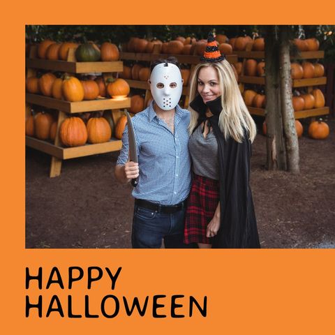 halloween couple posing at pumpkin patch in costumes - Download Free Stock Templates Pikwizard.com