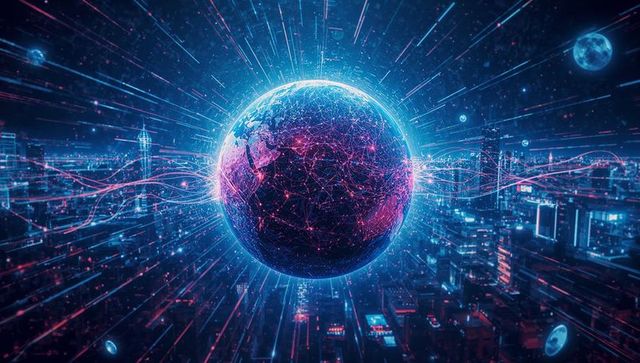 Neon Digitized Globe Hovering Above Futuristic Cityscape