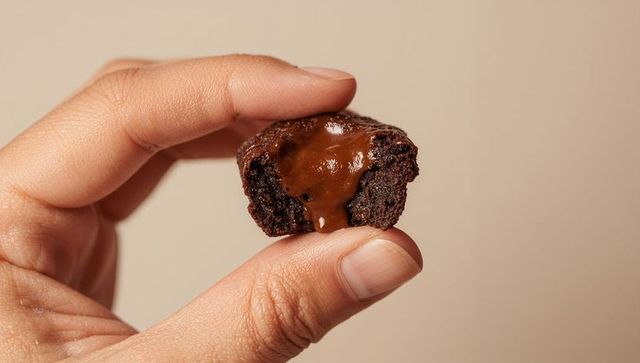 Hand holding gooey molten chocolate brownie bite with glossy caramel core closeup