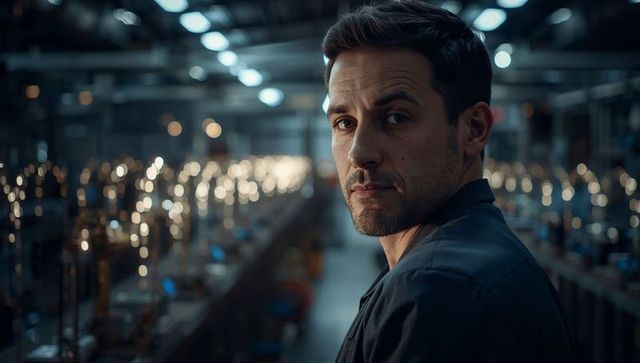 Manufacturing Technician Looking Over Shoulder in Modern Factory with Machinery Bokeh