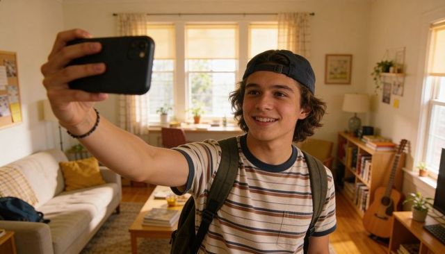 Teen taking selfie in sunlit living room wearing striped tee and backpack, smiling