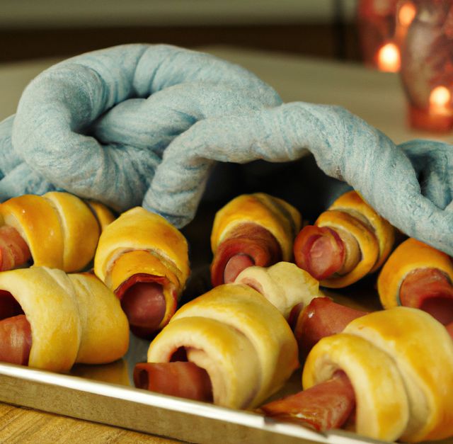 Freshly baked pigs in a blanket shown on a metal tray, partially covered by a blue oven mitt. Ideal for illustrating homemade cooking, comfort food recipes, and culinary blogs. Perfect for promoting snack recipes, appetizer ideas, and family gathering menus.
