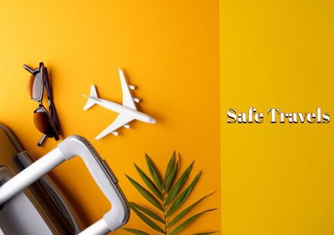 vacation essentials with safe travels message on yellow background - Download Free Stock Templates Pikwizard.com
