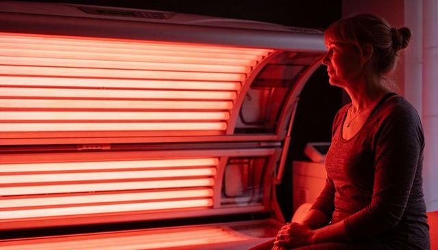 Mature woman sitting beside red-light tanning bed waiting for phototherapy treatment
