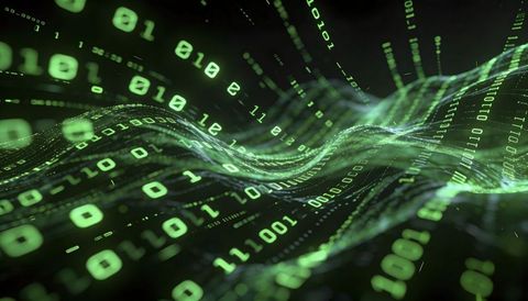 Streaming neon binary wave flowing through cyber matrix for data network, ai and security