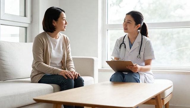 Home nurse consulting patient on living room sofa while taking notes and listening