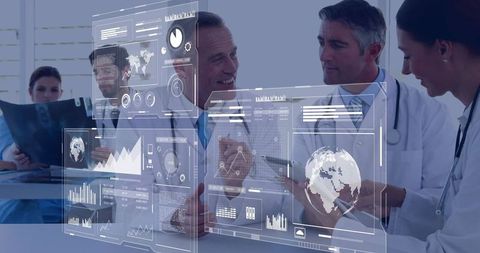 Healthcare team analyzing digital medical data with innovative technology