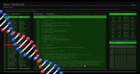 Futuristic DNA Double Helix Overlaying Data Terminal and Code Editor on Neon Dashboard