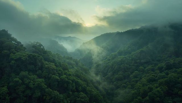 Misty dawn over lush mountain valley with dense greenery